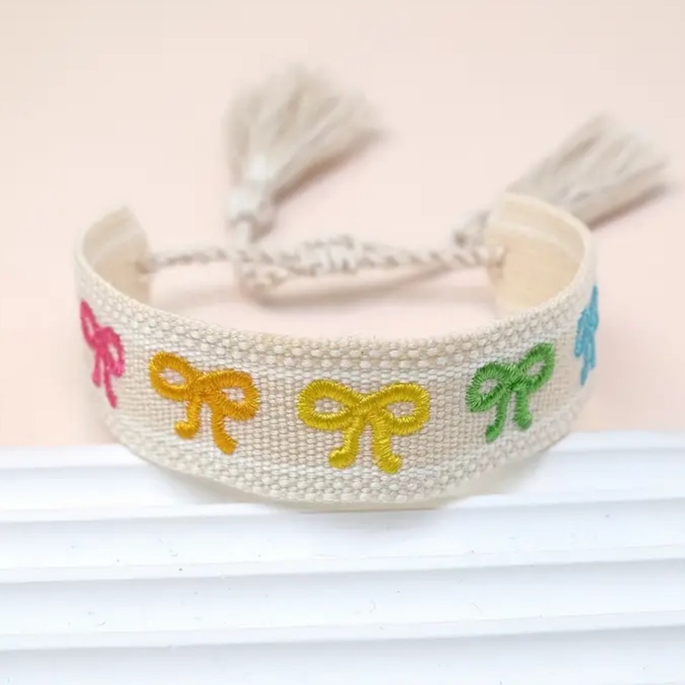 NEW| Coquette Bow Ties Embroidered Boho Woven Tassel Design Bracelet